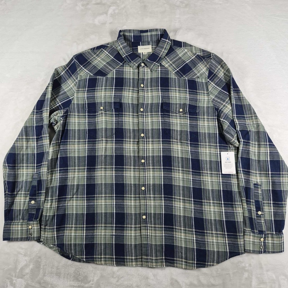 Lucky Brand Pearl Snap Shirt Men's 2XL XXL Green Plaid Long Sleeve Casual‎ NWT
